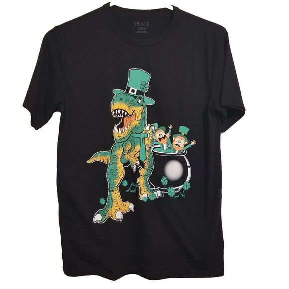 The Childrens Place Boys Tshirt Xlarge Black Leprachaun Dinosaur St Patty NWT - Picture 1 of 2